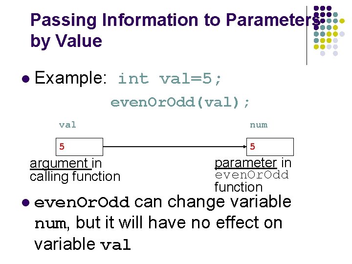 Passing Information to Parameters by Value l Example: int val=5; even. Or. Odd(val); val