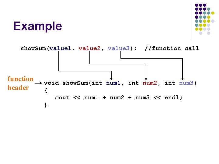 Example show. Sum(value 1, value 2, value 3); function header //function call void show.