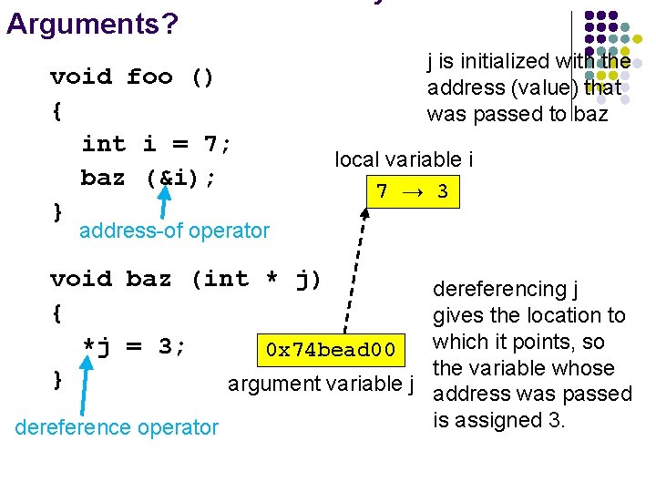 Arguments? void foo () { int i = 7; baz (&i); } j is