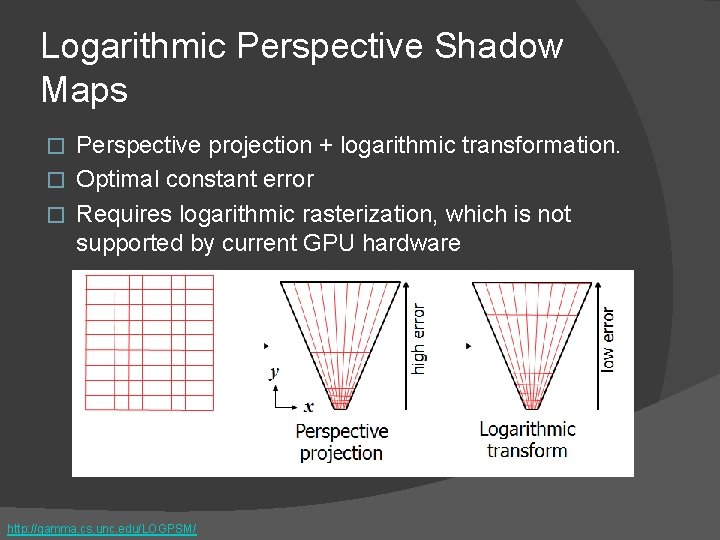 Logarithmic Perspective Shadow Maps Perspective projection + logarithmic transformation. � Optimal constant error �