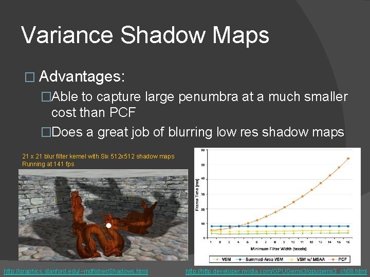 Variance Shadow Maps � Advantages: �Able to capture large penumbra at a much smaller