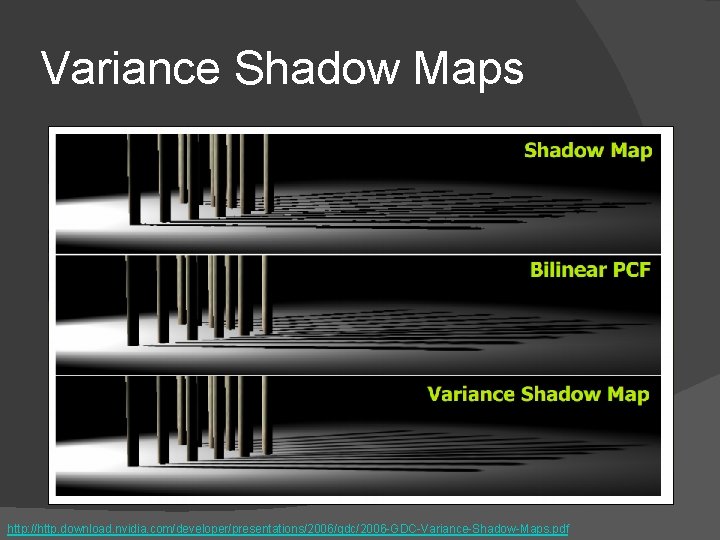 Variance Shadow Maps http: //http. download. nvidia. com/developer/presentations/2006/gdc/2006 -GDC-Variance-Shadow-Maps. pdf 