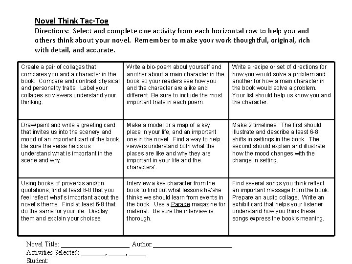 Novel Think Tac-Toe Directions: Select and complete one activity from each horizontal row to Novel Think Tac-Toe Directions: Select and complete one activity from each horizontal row to