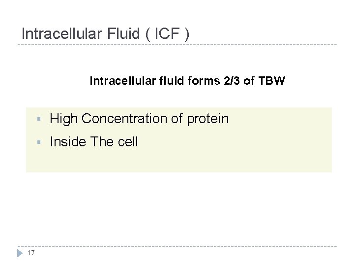 Intracellular Fluid ( ICF ) Intracellular fluid forms 2/3 of TBW 17 High Concentration