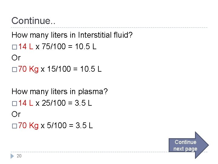Continue. . How many liters in Interstitial fluid? � 14 L x 75/100 =