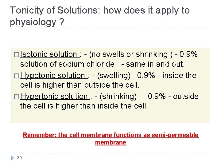 Tonicity of Solutions: how does it apply to physiology ? � Isotonic solution :