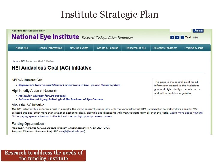 Institute Strategic Plan Research to address the needs of the funding institute 