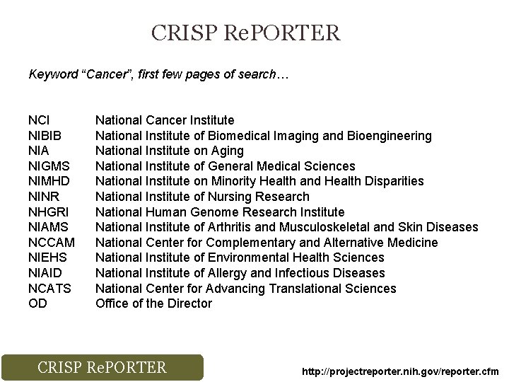 CRISP Re. PORTER Keyword “Cancer”, first few pages of search… NCI NIBIB NIA NIGMS