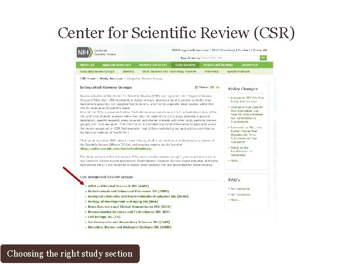 Center for Scientific Review (CSR) Choosing the right study section 