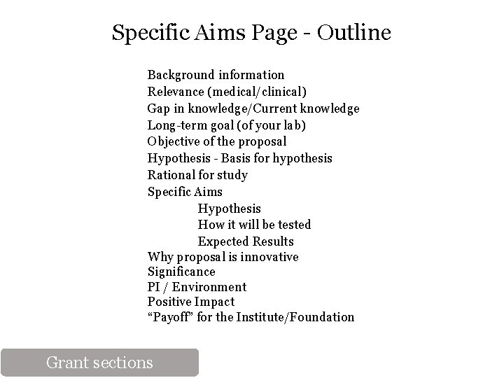 Specific Aims Page - Outline Background information Relevance (medical/clinical) Gap in knowledge/Current knowledge Long-term