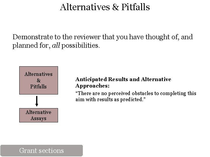 Alternatives & Pitfalls Demonstrate to the reviewer that you have thought of, and planned