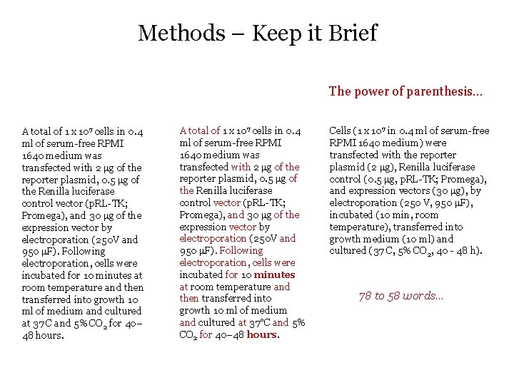 Methods – Keep it Brief The power of parenthesis… A total of 1 x