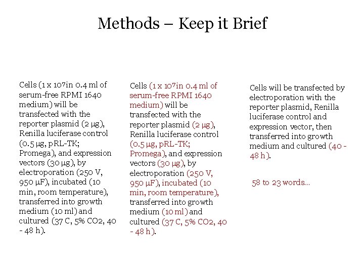 Methods – Keep it Brief Cells (1 x 107 in 0. 4 ml of