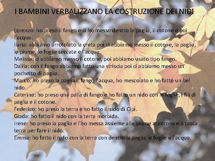 I BAMBINI VERBALIZZANO LA COSTRUZIONE DEI NIDI Lorenzo: ho preso il fango e I BAMBINI VERBALIZZANO LA COSTRUZIONE DEI NIDI Lorenzo: ho preso il fango e