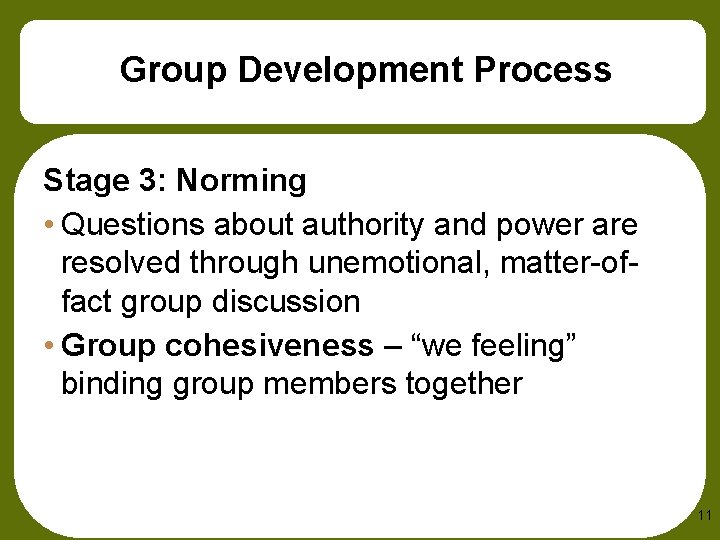 Group Development Process Stage 3: Norming • Questions about authority and power are resolved