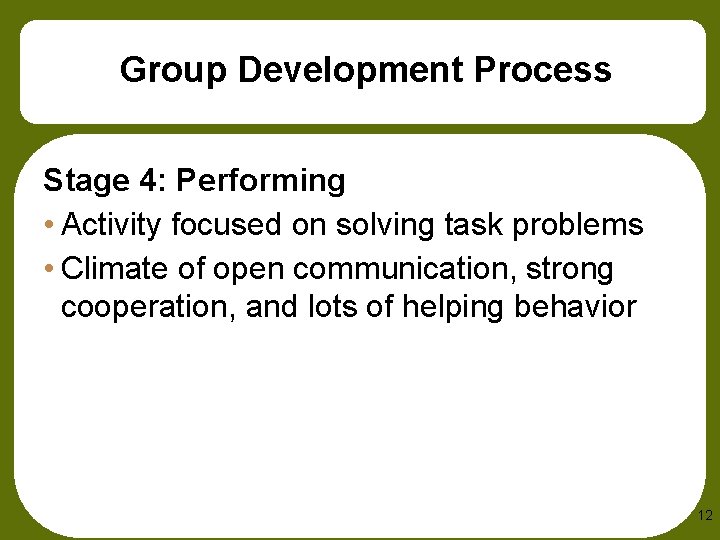 Group Development Process Stage 4: Performing • Activity focused on solving task problems •