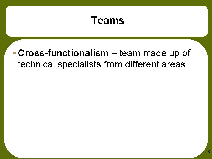 Teams • Cross-functionalism – team made up of technical specialists from different areas 28