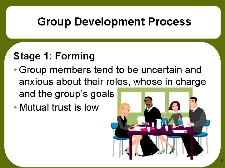 Group Development Process Stage 1: Forming • Group members tend to be uncertain and