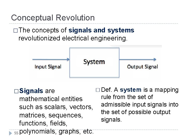 Conceptual Revolution � The concepts of signals and systems revolutionized electrical engineering. � Signals