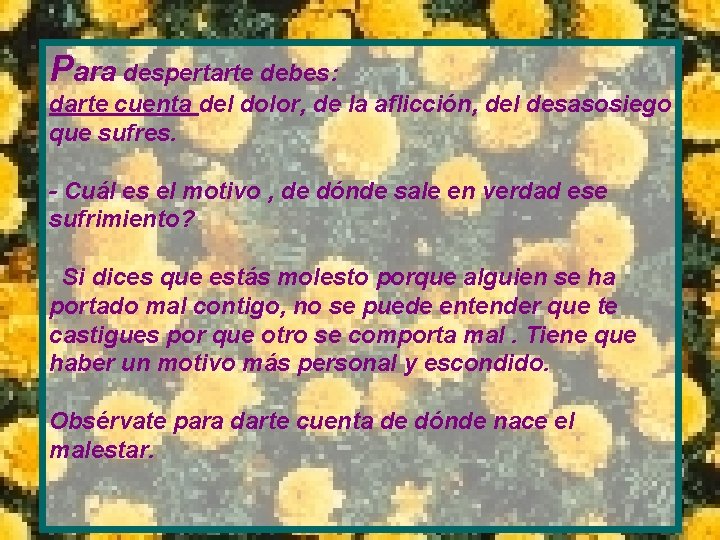 Para despertarte debes: darte cuenta del dolor, de la aflicción, del desasosiego que sufres.