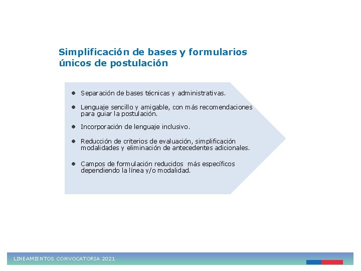 LINEAMIENTOS 2021 Simplificación de bases y formularios únicos de postulación ● Separación de bases