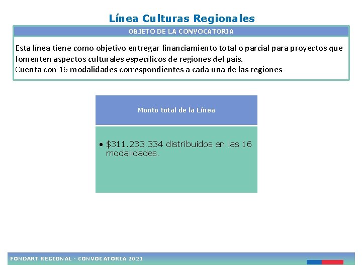 Línea Culturas Regionales OBJETO DE LA CONVOCATORIA Esta línea tiene como objetivo entregar financiamiento