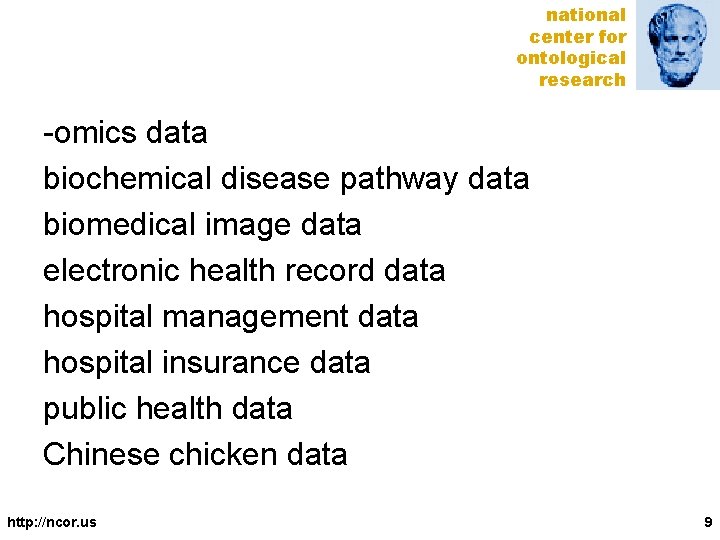 national center for ontological research -omics data biochemical disease pathway data biomedical image data