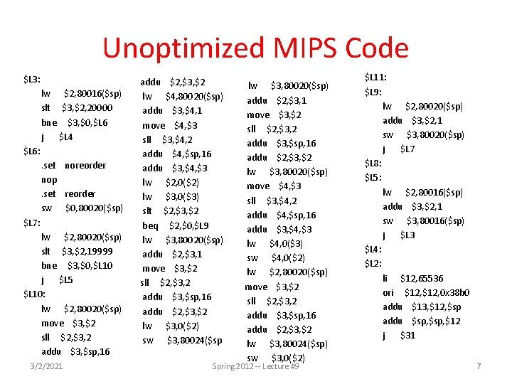 Unoptimized MIPS Code $L 3: lw $2, 80016($sp) slt $3, $2, 20000 bne $3,