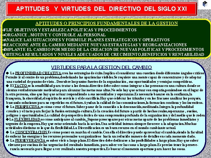 APTITUDES Y VIRTUDES DEL DIRECTIVO DEL SIGLO XXI APTITUDES O PRINCIPIOS FUNDAMENTALES DE LA