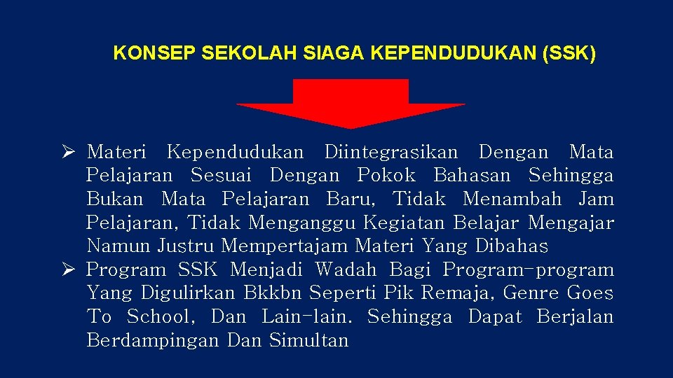 KONSEP SEKOLAH SIAGA KEPENDUDUKAN (SSK) Ø Materi Kependudukan Diintegrasikan Dengan Mata Pelajaran Sesuai Dengan