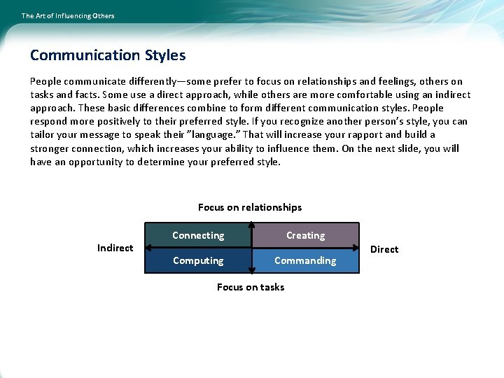 The Art of Influencing Others Communication Styles People communicate differently—some prefer to focus on