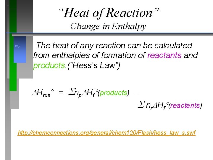 “Heat of Reaction” Change in Enthalpy ð The heat of any reaction can be