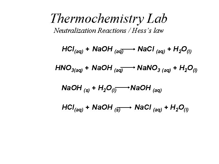 Thermochemistry Lab Neutralization Reactions / Hess’s law HCl(aq) + Na. OH (aq) HNO 3(aq)