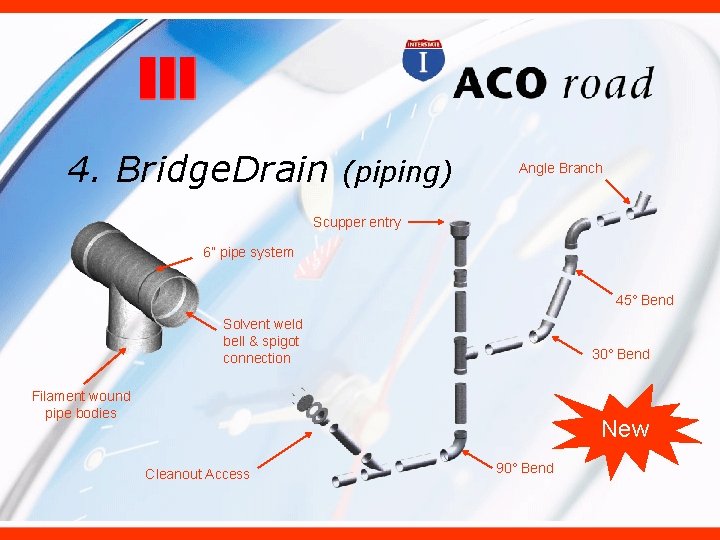 4. Bridge. Drain (piping) Angle Branch Scupper entry 6” pipe system 45° Bend Solvent