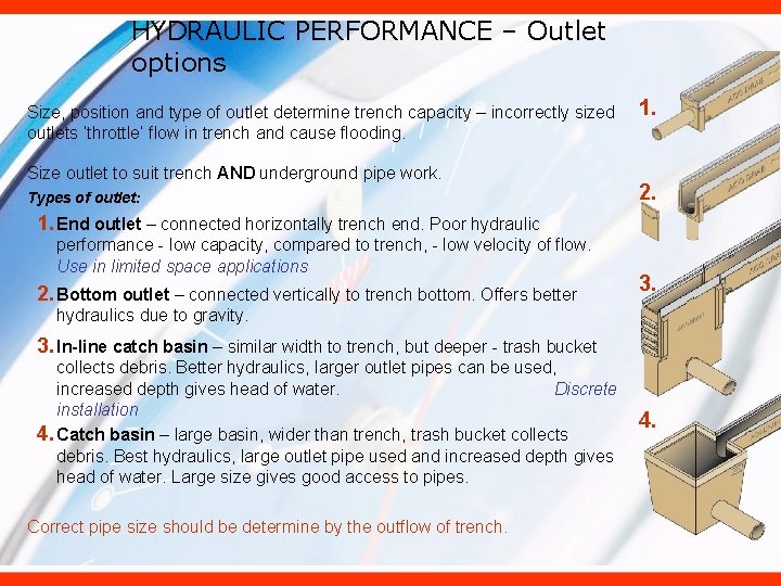 HYDRAULIC PERFORMANCE – Outlet options Size, position and type of outlet determine trench capacity