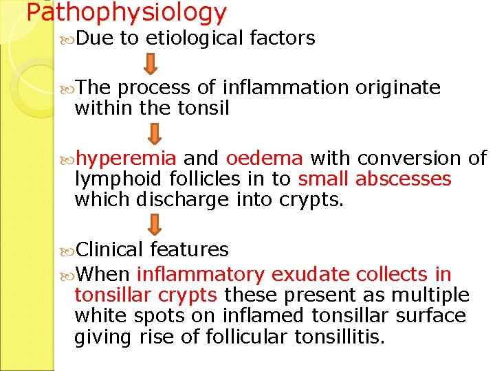 Pathophysiology Due to etiological factors The process of inflammation originate within the tonsil hyperemia