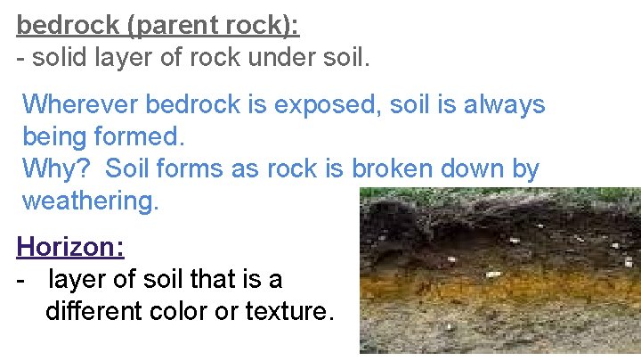 bedrock (parent rock): - solid layer of rock under soil. Wherever bedrock is exposed,