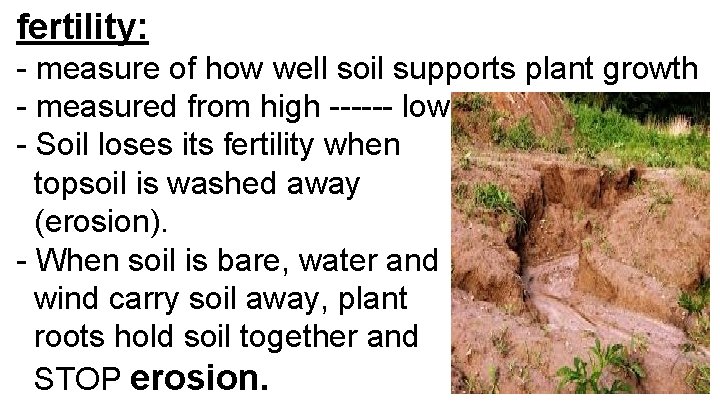 fertility: - measure of how well soil supports plant growth - measured from high