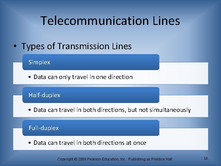 Telecommunication Lines • Types of Transmission Lines Simplex • Data can only travel in