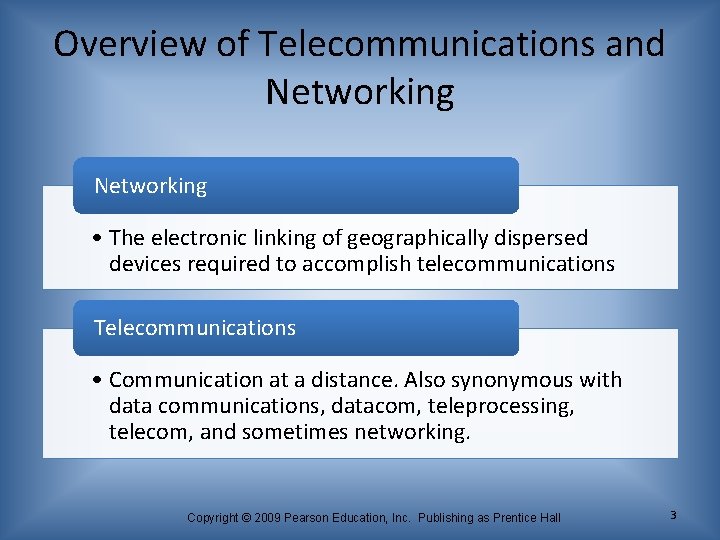 Overview of Telecommunications and Networking • The electronic linking of geographically dispersed devices required