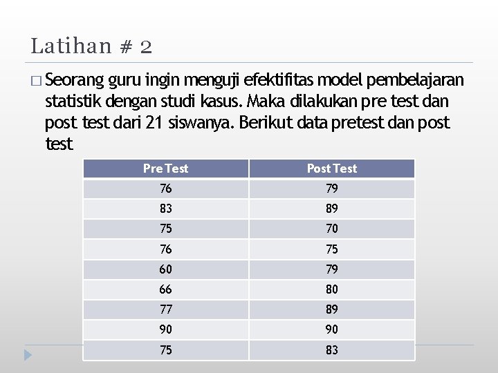 Latihan # 2 � Seorang guru ingin menguji efektifitas model pembelajaran statistik dengan studi