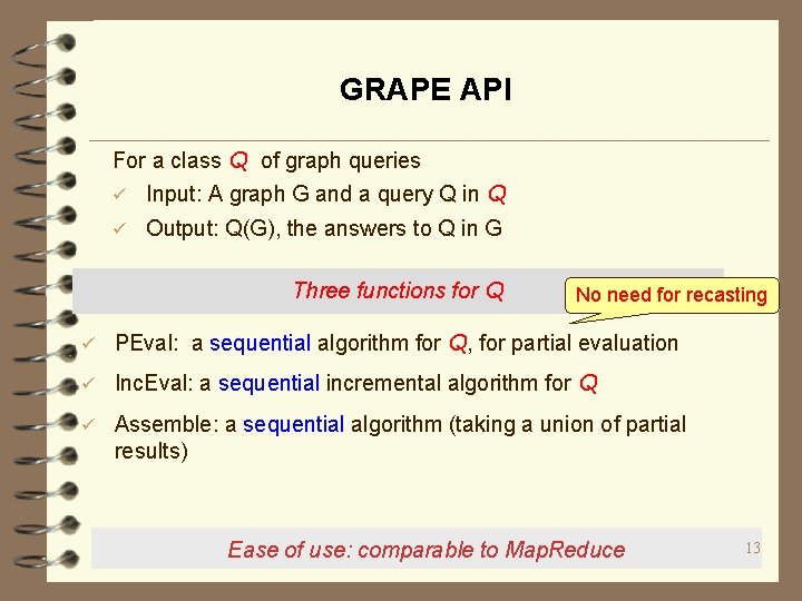 GRAPE API For a class Q of graph queries ü Input: A graph G