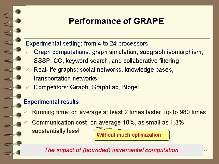 Performance of GRAPE Experimental setting: from 4 to 24 processors ü Graph computations: graph