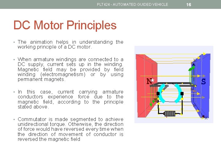PLT 424 - AUTOMATED GUIDED VEHICLE DC Motor Principles • The animation helps in