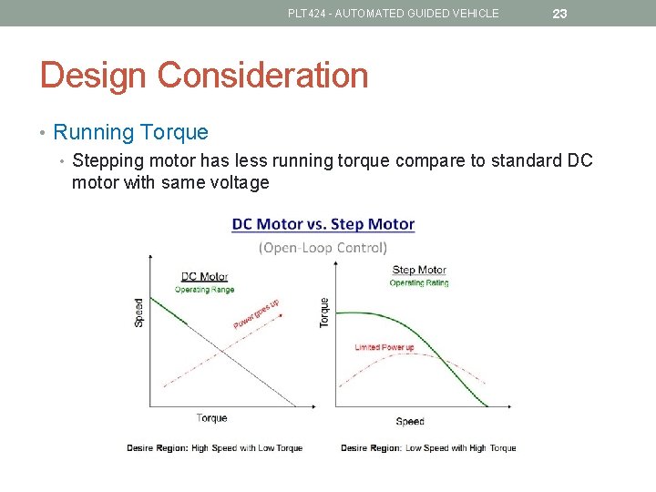 PLT 424 - AUTOMATED GUIDED VEHICLE 23 Design Consideration • Running Torque • Stepping