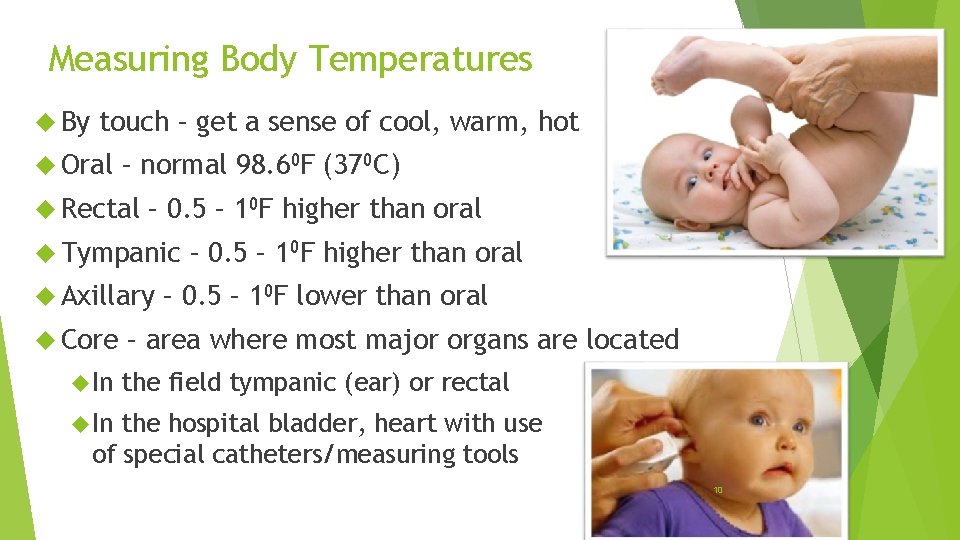 Measuring Body Temperatures By touch – get a sense of cool, warm, hot Oral