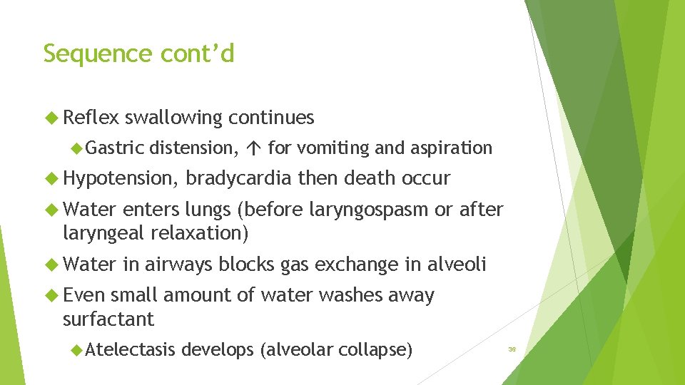 Sequence cont’d Reflex swallowing continues Gastric distension, for vomiting and aspiration Hypotension, bradycardia then