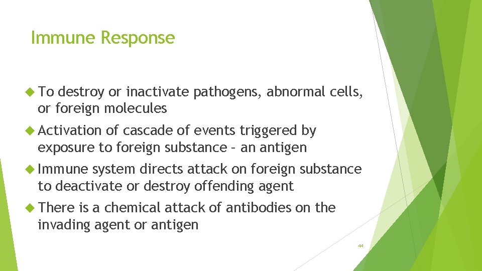 Immune Response To destroy or inactivate pathogens, abnormal cells, or foreign molecules Activation of
