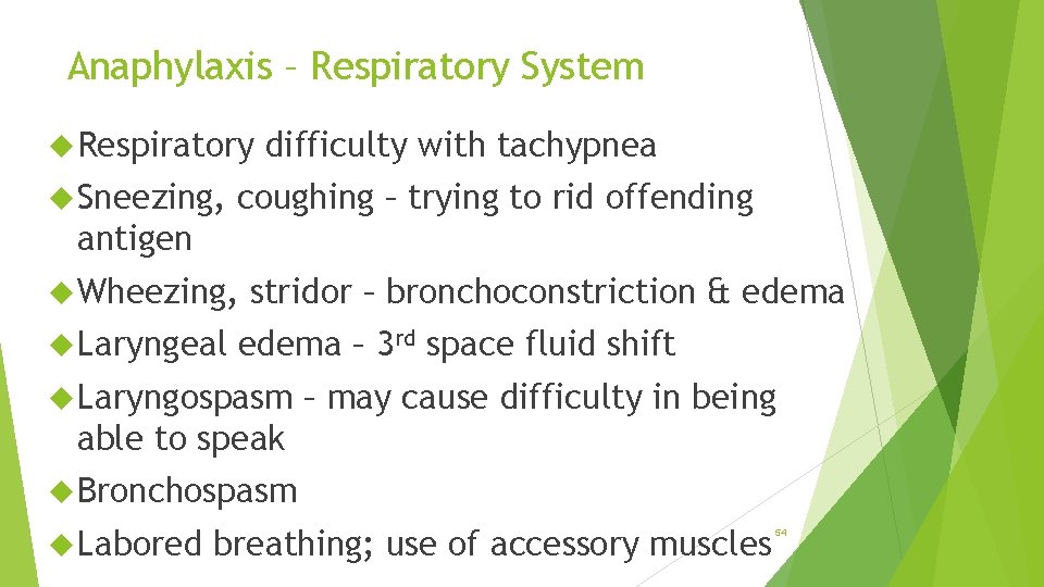 Anaphylaxis – Respiratory System Respiratory Sneezing, difficulty with tachypnea coughing – trying to rid