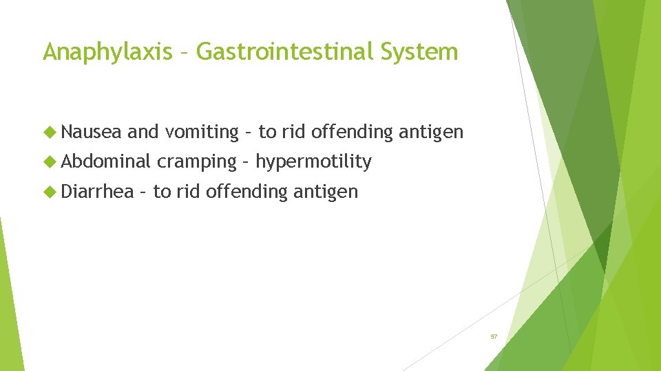 Anaphylaxis – Gastrointestinal System Nausea and vomiting – to rid offending antigen Abdominal Diarrhea